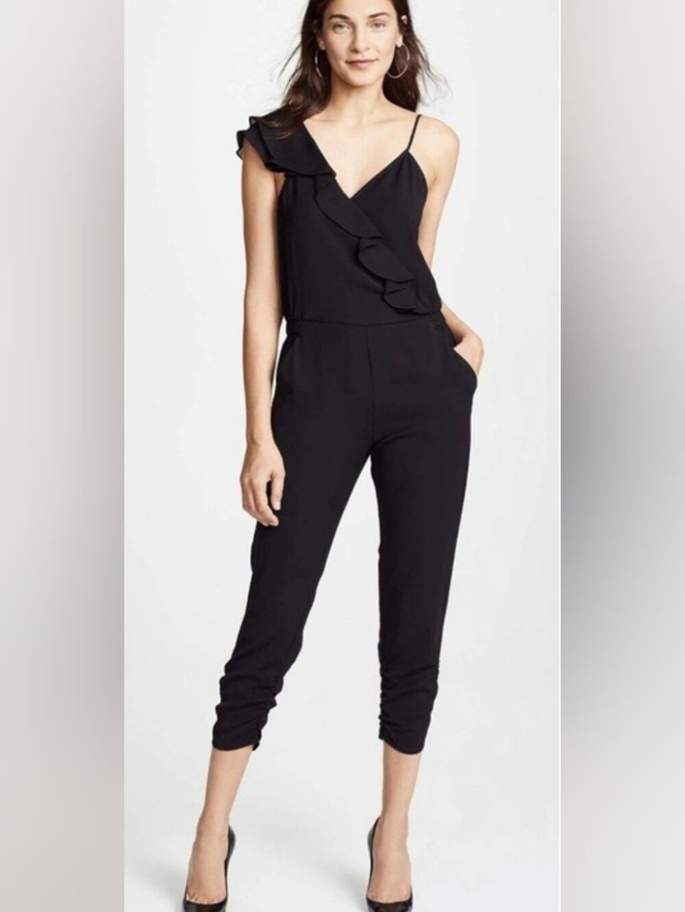 Parker Addison Black Ruffle Jumpsuit Rusched